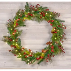 Red Co. Light-Up Christmas Wreath with Pinecones & Pine, Battery Operated LED Lights with Timer (36 inches - Diameter)