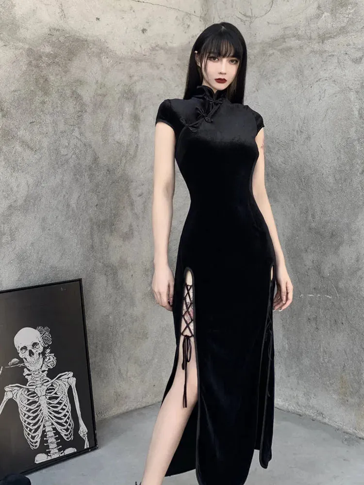 Romantic Gothic Aesthetic Vintage Black Sexy Evening Cheongsam Midi Dresses