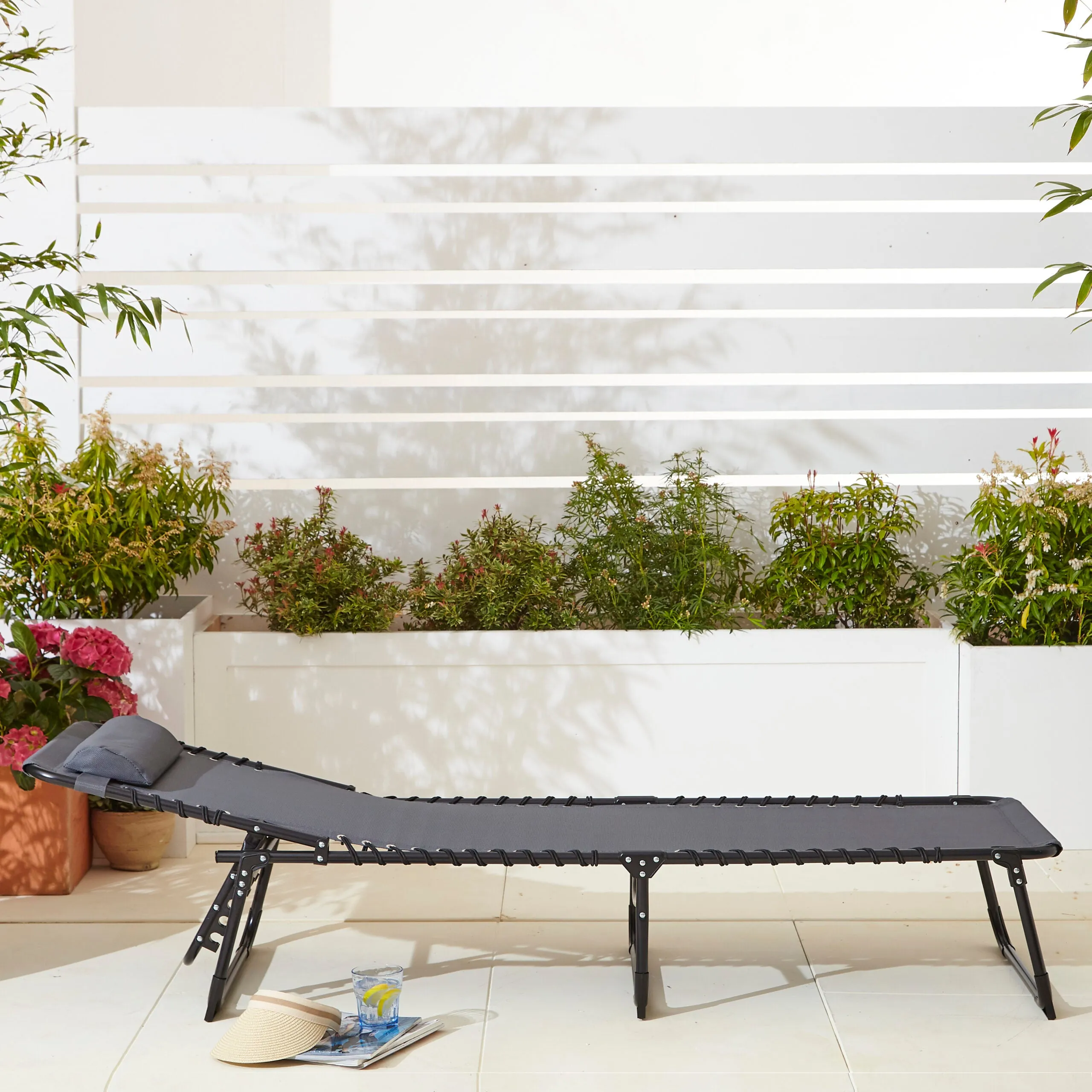 Two Neo Grey Outdoor Folding Sun Loungers