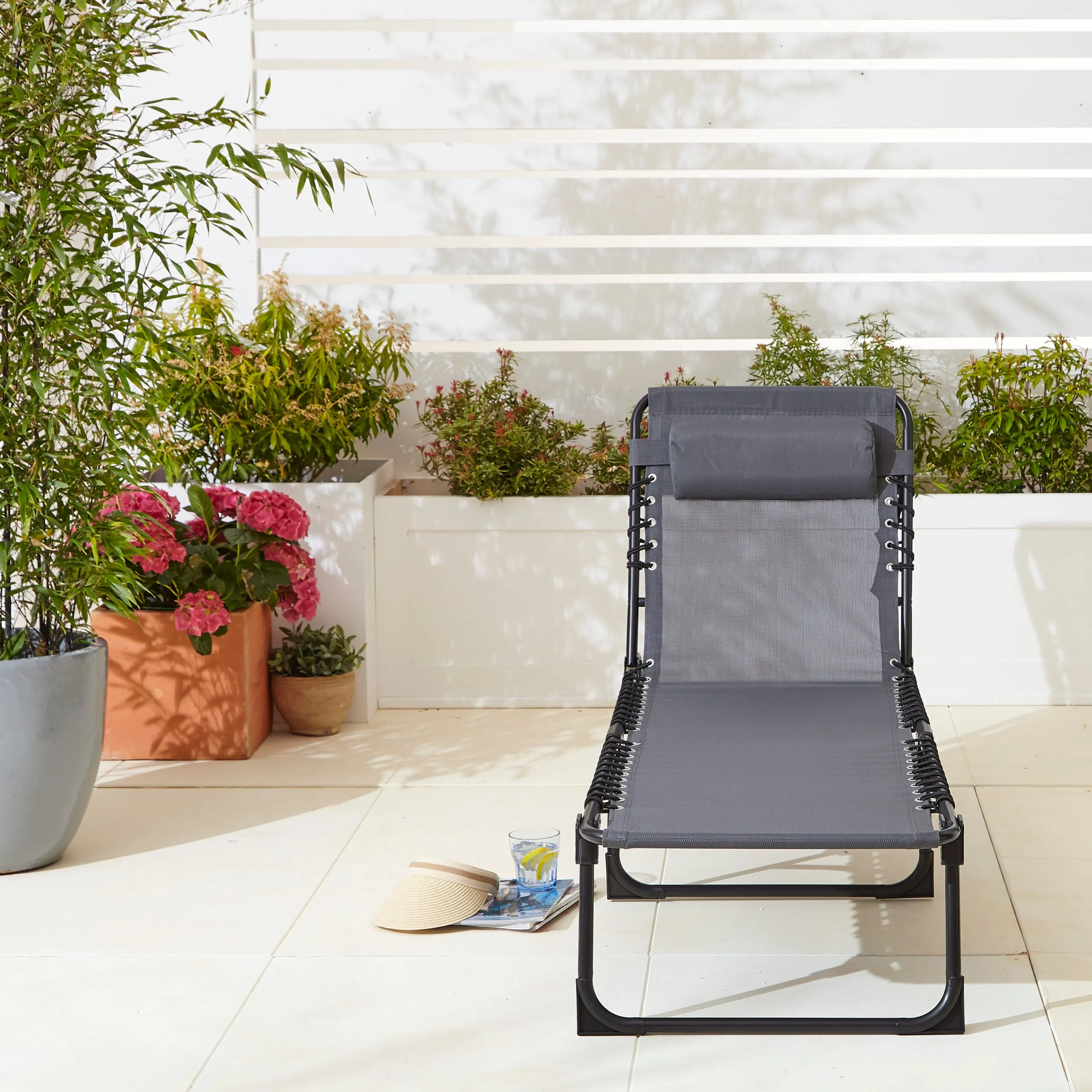 Two Neo Grey Outdoor Folding Sun Loungers